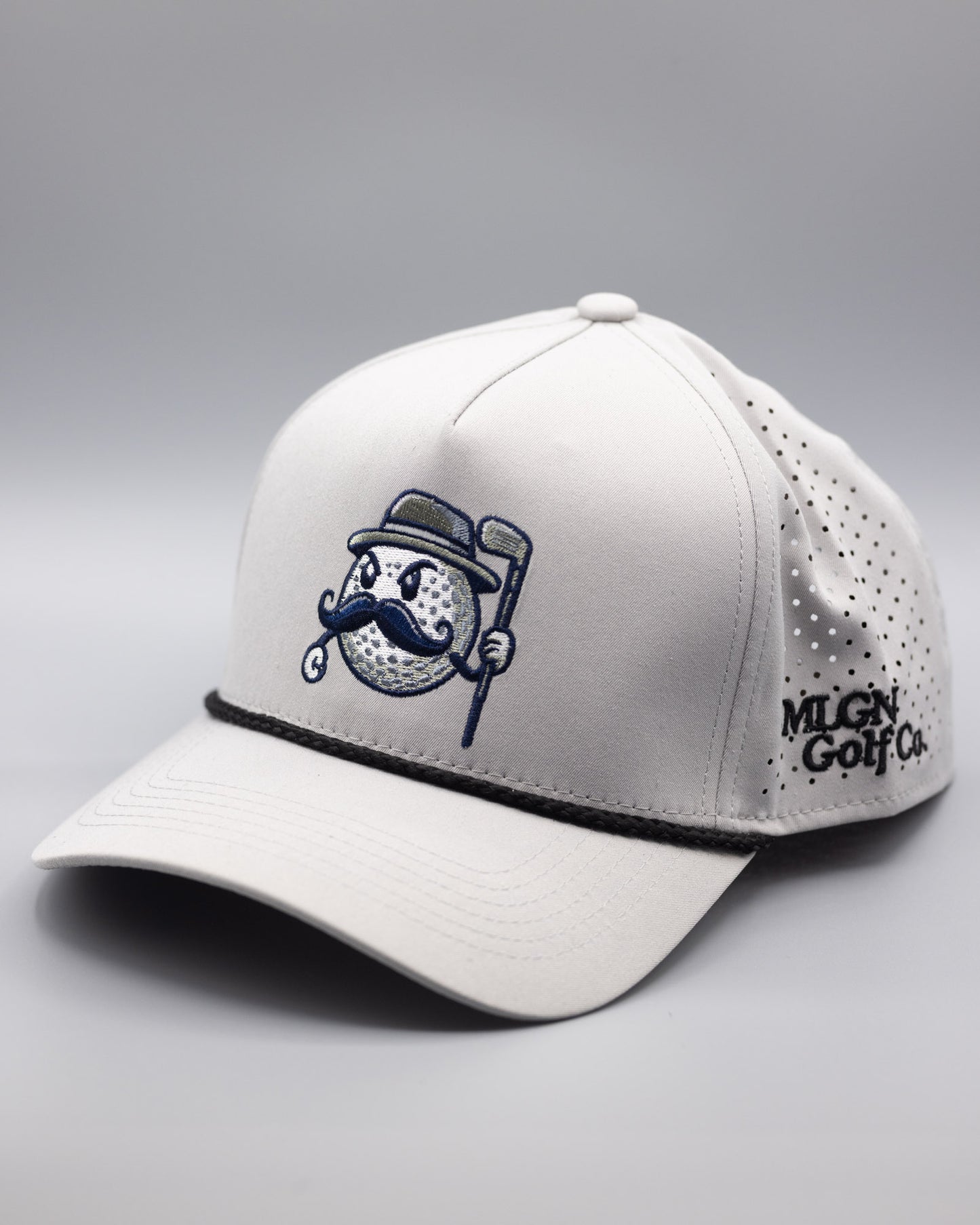 A grey mesh golf hat with a black rope and the MULLY logo centered on the crown with MLGN Golf Co. stitched on the right side.