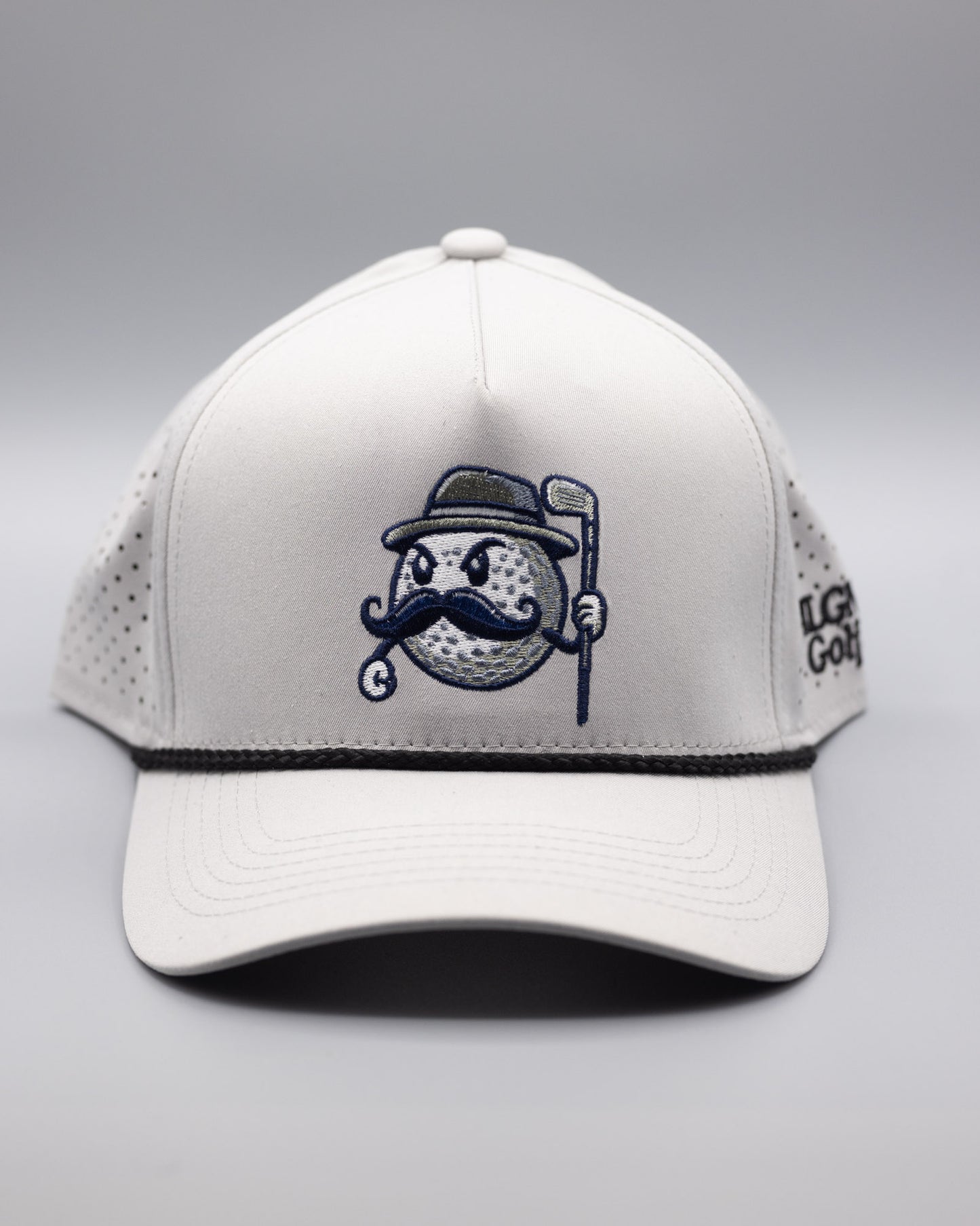 A grey mesh golf hat with a black rope and the MULLY logo centered on the crown with MLGN Golf Co. stitched on the right side.