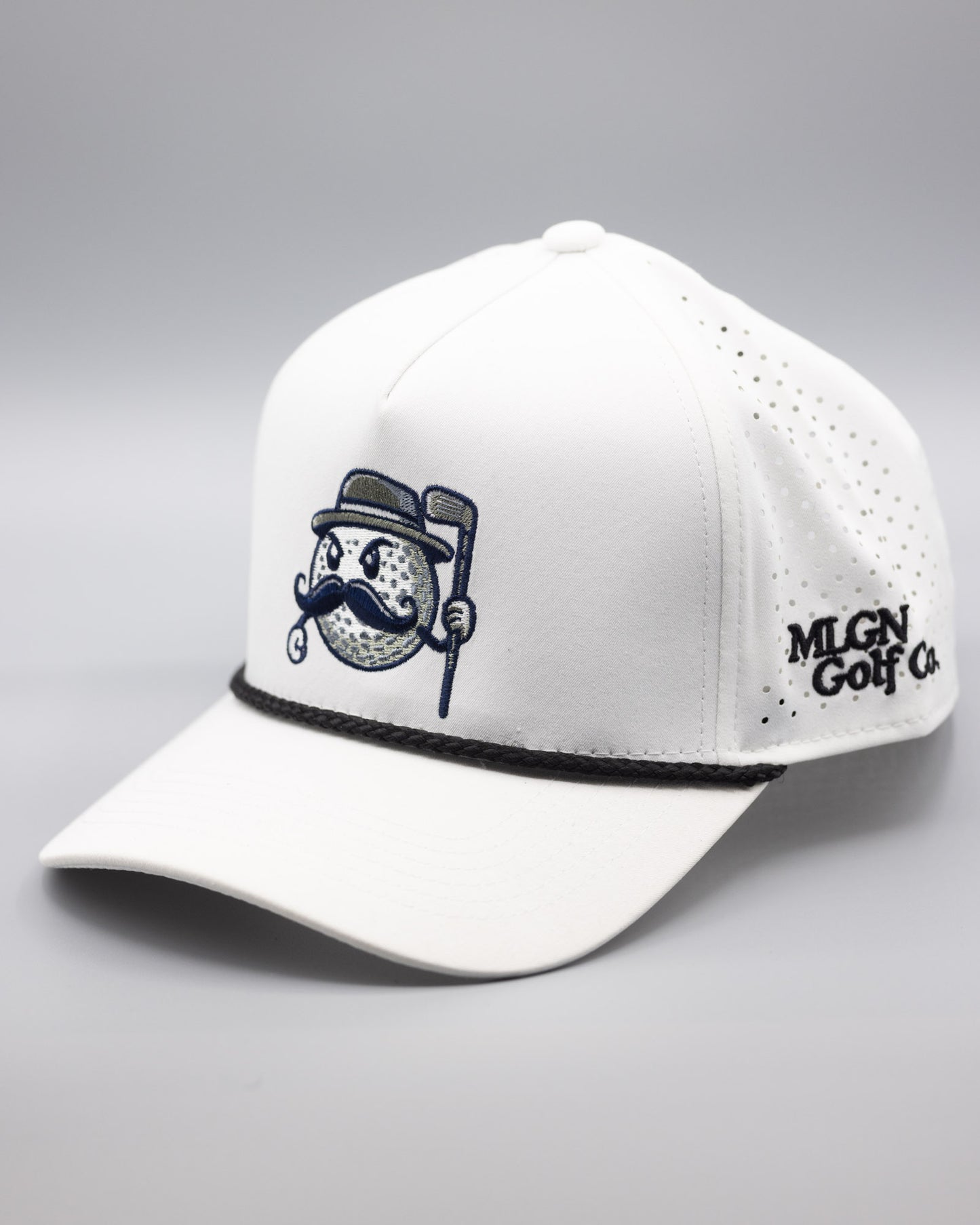 A white mesh golf hat with a black rope and the MULLY logo centered on the crown with MLGN Golf Co. stitched on the right side.