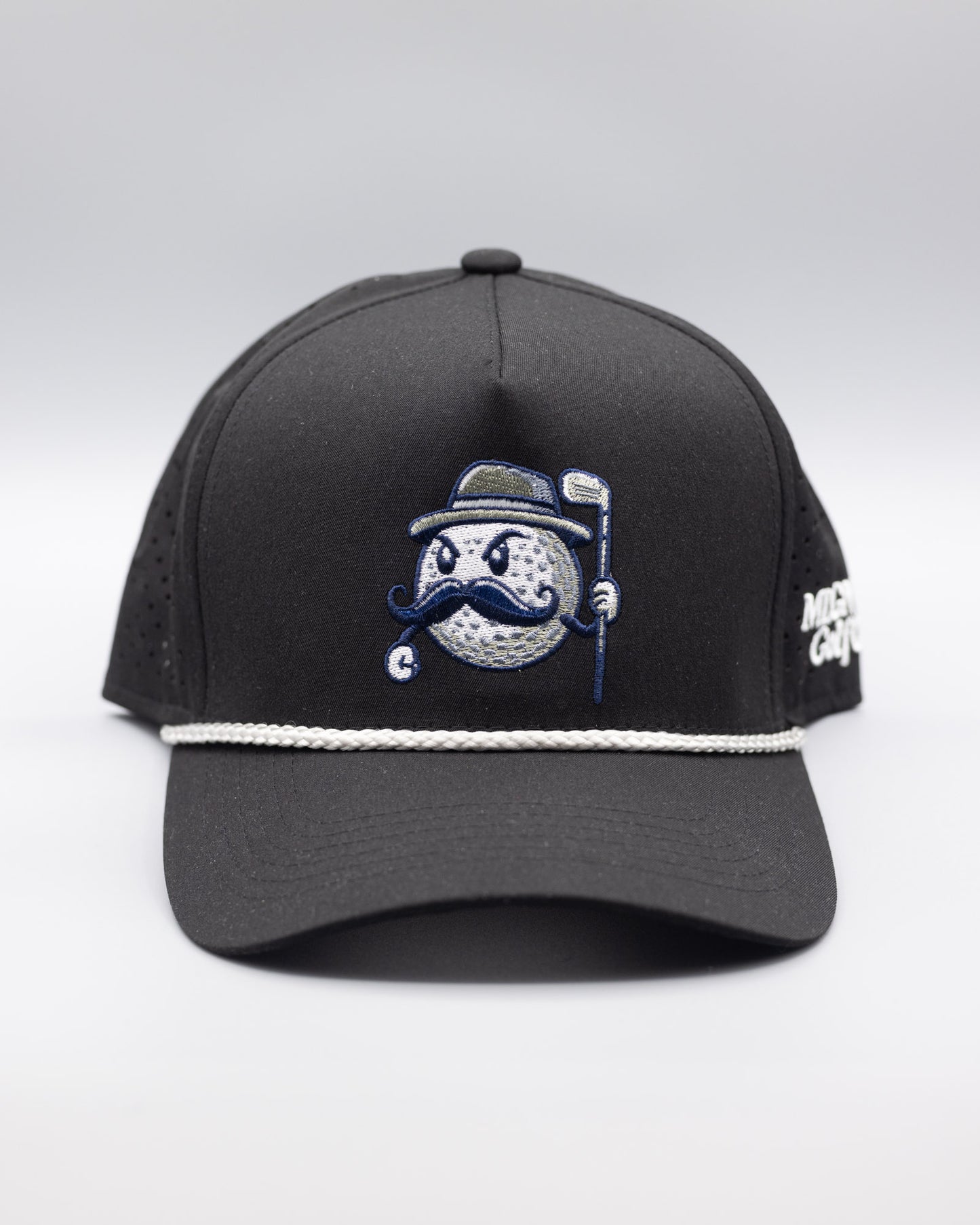 A black mesh golf hat with a grey rope and the MULLY logo centered on the crown with MLGN Golf Co. stitched on the right side.