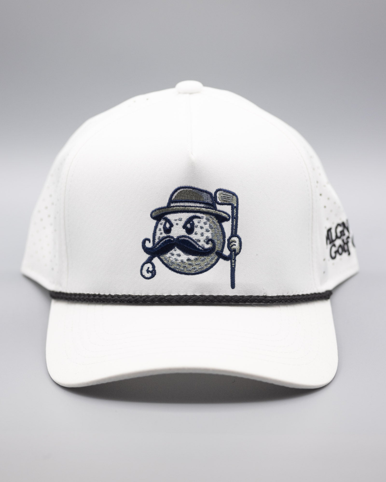 A white mesh golf hat with a black rope and the MULLY logo centered on the crown with MLGN Golf Co. stitched on the right side.
